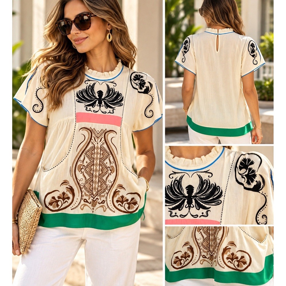 Anthropology Isato Spain Embroidered Pocket Blouse Top size small(7-b39)